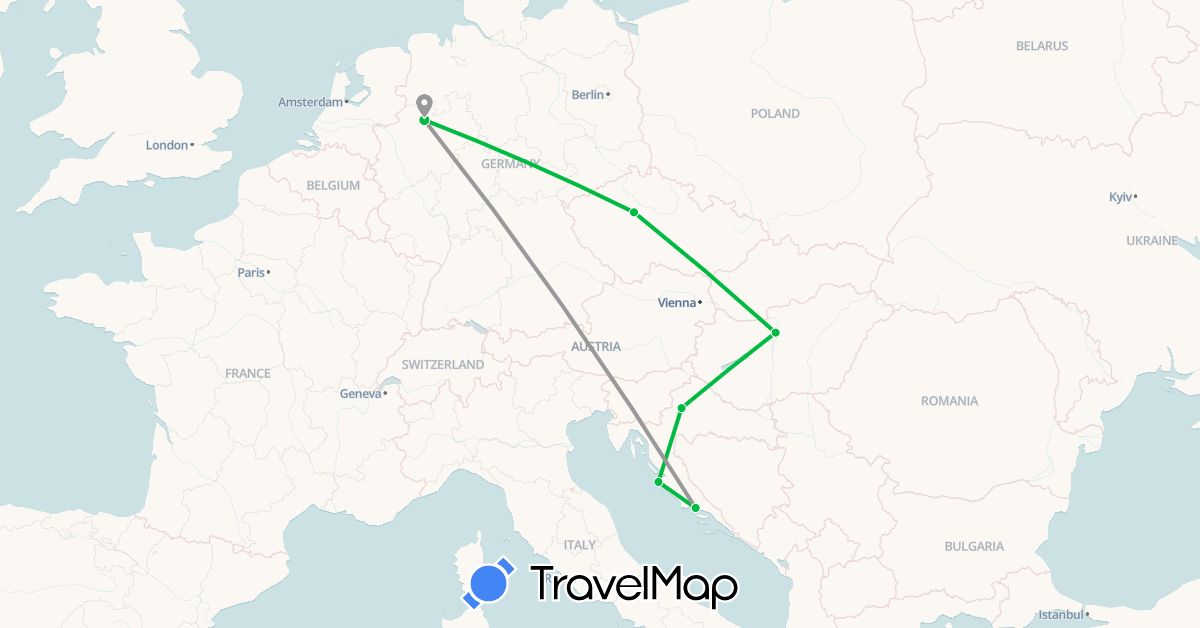 TravelMap itinerary: driving, bus, plane in Czech Republic, Germany, Croatia, Hungary (Europe)