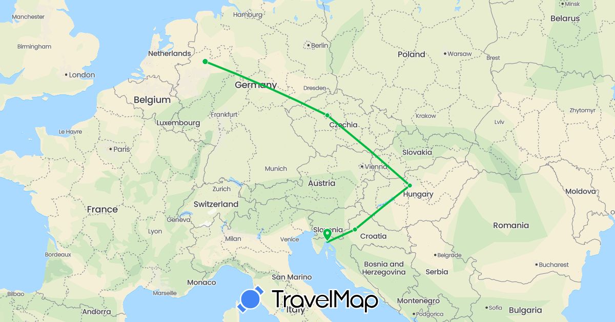 TravelMap itinerary: driving, bus in Czech Republic, Germany, Croatia, Hungary (Europe)